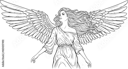 Drawing of a Beautiful Woman as an Angel , Black and White Illustration , Vector