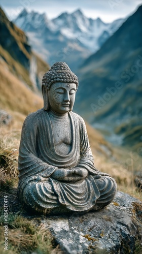 Serene Buddha Statue Overlooking Majestic Mountains at Sunrise.