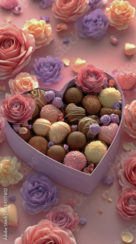 Heart-shaped Box Filled With Assorted Chocolates Surrounded by Colorful Roses