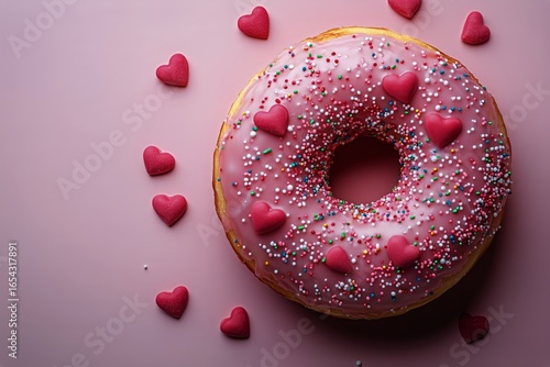 Delicious Pink Frosted Donut With Colorful Sprinkles and Heart-Shaped Candies...