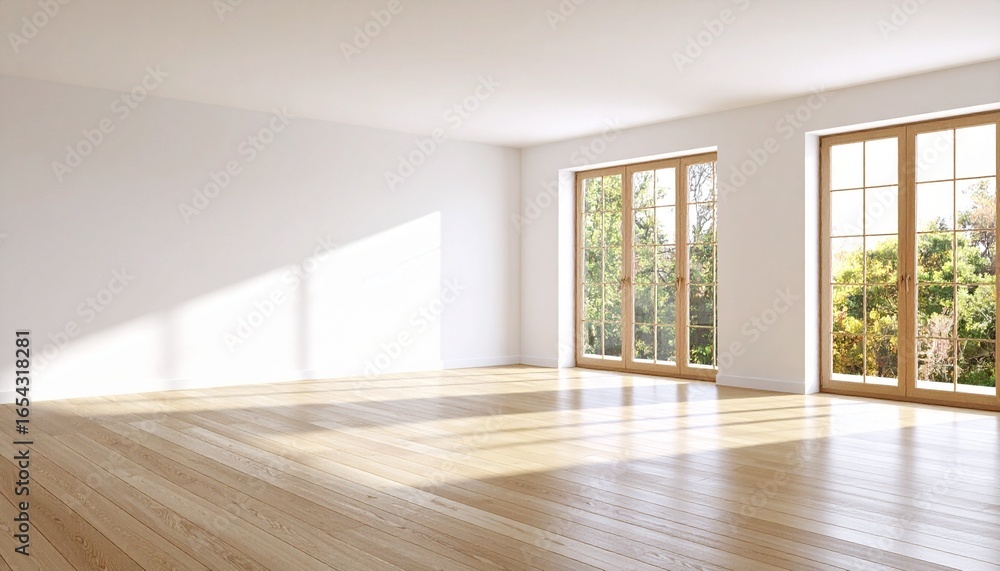 Fototapeta premium Bright and spacious empty room with polished hardwood floor and large windows overlooking a sunny garden. Modern home interior background.