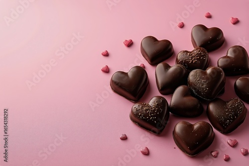 Heart-shaped Chocolate Candies on Pink Background for Romantic Celebrations o...
