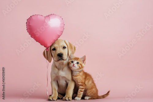 Cute Puppy and Kitten Together With Heart-Shaped Balloon on Pink Background.