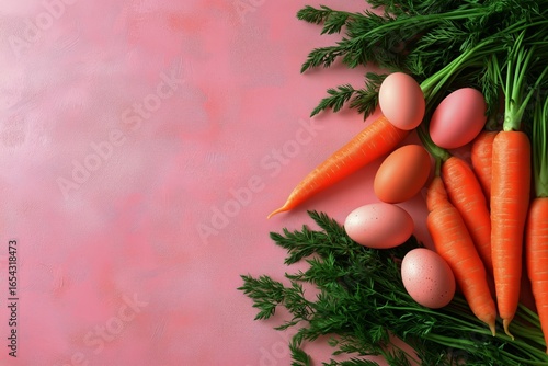 Fresh Carrots and Eggs Arranged on a Pink Surface for Spring-Themed Cooking o...
