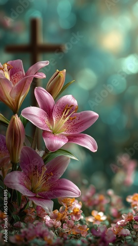 Beautiful Pink Lilies Bloom Beside a Wooden Cross in a Serene Garden Setting ...