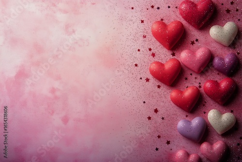 Colorful Heart Shapes Scattered on a Pink Background With Glitter and Stars f...