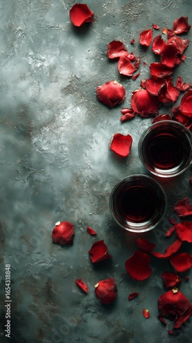 Romantic Evening With Rose Petals and Wine on a Textured Surface in Dim Light