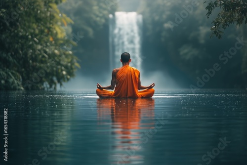 Monk Meditating Peacefully by a Serene Waterfall in a Tranquil Forest Setting