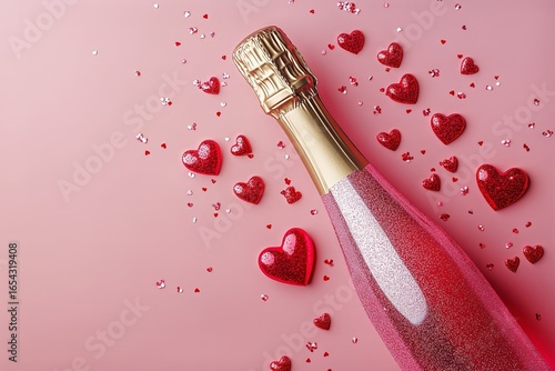 Celebration With Sparkling Wine and Heart Decorations on a Pink Background fo...