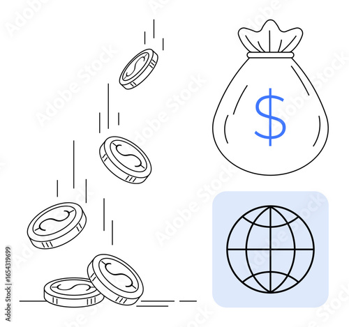 Coins falling into a pile, a money bag with a dollar sign, and a globe symbolizing finance, profit, and global economy. Ideal for banking, savings, investments, earning wealth globalization