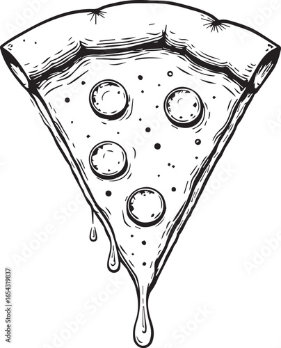 Pizza Slice: A mouthwatering slice of pizza, oozing with melted cheese and flavorful pepperoni, depicted in a detailed ink drawing style.