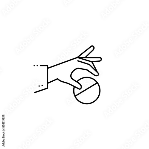 A minimalist line art icon of a hand holding a pill with a prohibition symbol representing refusal or antidrug concepts.