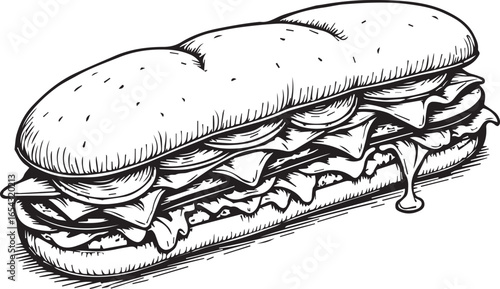 The Classic Deli Delight: A beautifully illustrated line art image of a generously filled sub sandwich, ready to devour, and inviting viewers to appreciate its ingredients.