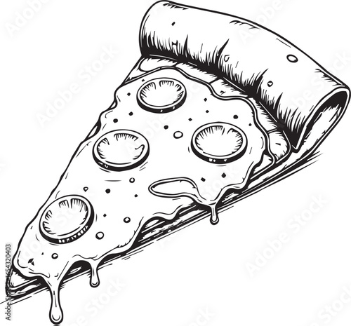 Pizza Slice: A black and white illustration of a delectable slice of pizza, with melted cheese and perfectly arranged pepperoni.
