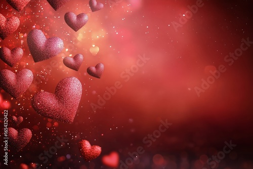 Red Hearts Float Against a Vibrant Background Filled With Sparkling Light Dur...