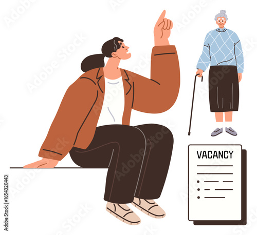 Young woman gesturing confidently while seated, elderly individual with cane observing, vacancy notice nearby. Ideal for job search, intergenerational connection, education, career counseling