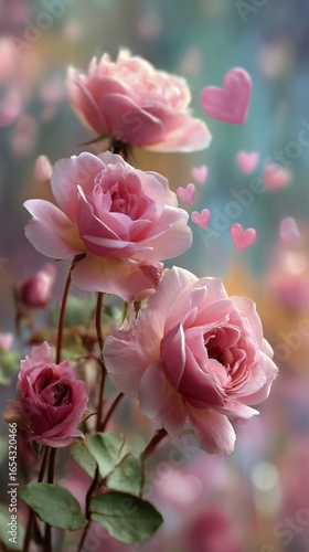 Beautiful Pink Roses Surrounded by Soft Heart Shapes With a Colorful Blurred ...