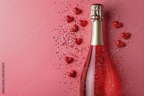 Celebration With Sparkling Wine and Heart Decorations on a Pink Background fo...