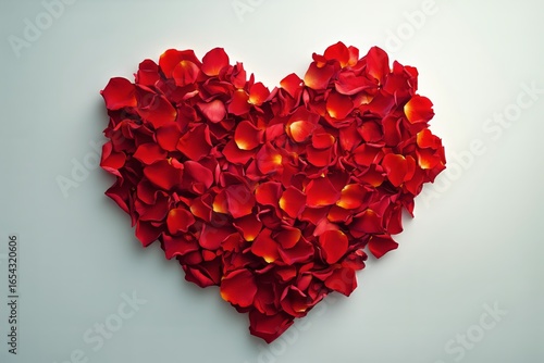 Heart Shaped Arrangement of Red Rose Petals Displayed on a Light Background f...