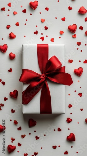 Gift Wrapped in Red Ribbon Surrounded by Heart Decorations for Special Occasi...