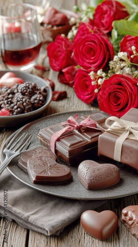 Chocolate Gifts and Red Roses Arranged on a Wooden Table for a Romantic Occas...