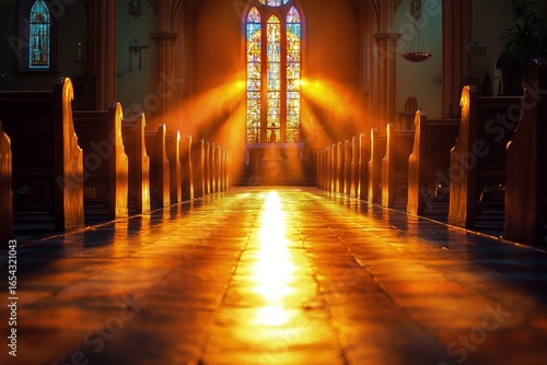 Light Beams Illuminate the Interior of a Cathedral During Early Morning Hours.