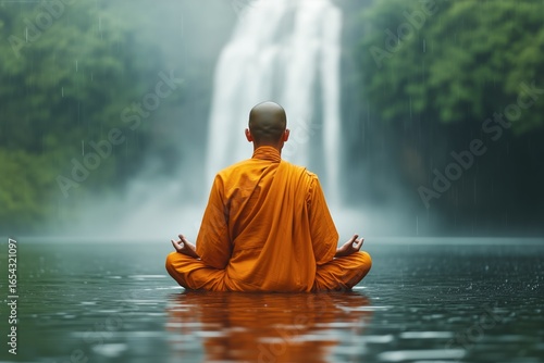 Meditating Monk in Flowing Orange Robe Near Serene Waterfall During Rainfall