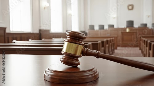 Gavel rests on block in court with empty pews and chairs, light streams from windows