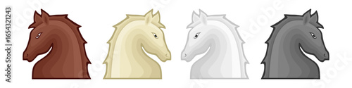 Horse heads in four colors. Horse symbols and logos. Vector illustrations.