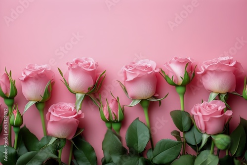 Pink Roses in Full Bloom Against a Soft Pink Background Captured Indoors Duri...