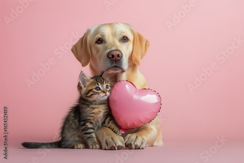 Cute Labrador and Kitten Together With Heart Balloon on Pink Background