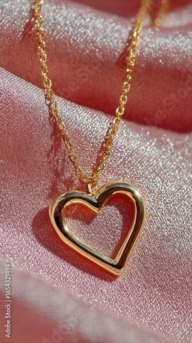Beautiful Gold Heart Necklace Resting on Soft Pink Fabric Under Warm Light.