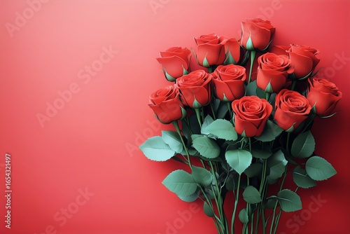 Bouquet of Red Roses Arranged on Vibrant Red Background Showcasing Beauty and...