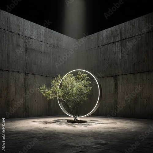 Minimalist interior scene featuring a solitary tree illuminated by a circular light fixture  surrounded by textured concrete walls  creating a serene and modern atmosphere of tranquility