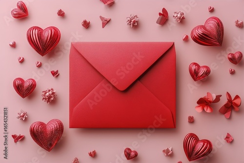 Red Envelope Surrounded by Decorative Hearts on Pink Background for Love Cele...