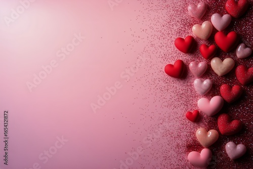Colorful Heart Decorations With Glitter on Pink Background for Romantic Celeb...