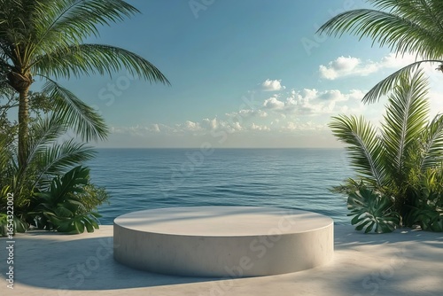 Serene Coastal View With a Circular Platform Surrounded by Palm Trees and Cal...