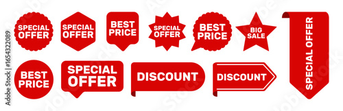 Set of new stickers, sale tags and labels. Shopping stickers and badges for merchandise and promotion, special offer, new collection, discount etc. Red stickers for web banners