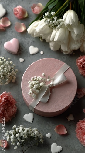 Gift Box Surrounded by Flowers and Hearts on a Textured Surface for Celebrati...