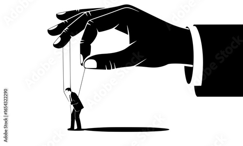 Corporate Control and Manipulation: A Black and White Illustration of a Man as a Puppet