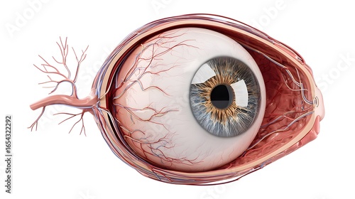 A detailed anatomical illustration of a human eye with blood vessels.