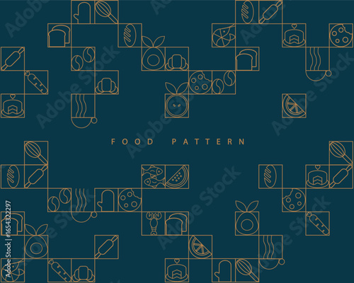 Hand drawn illustration. Organic fruit, vegetable, fish, seafood, apple, carrot, avocado, watermelon. Abstract geometric line background. Gold luxury  Healthy Food pattern