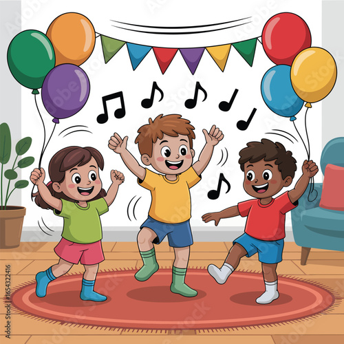 Three children dancing with balloons and party flags in a room celebration