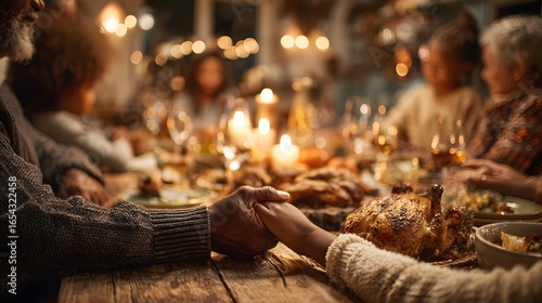 Family holding hands around the table before the Thanksgiving meal, warm candlelight glow