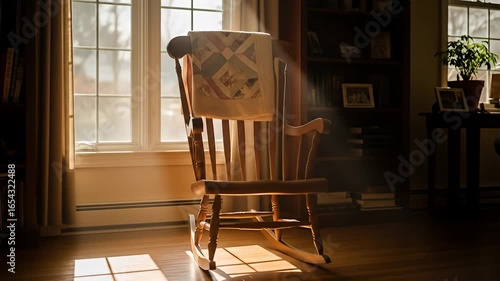 Sunlight streams into a living room with a wooden rocking chair and quilt