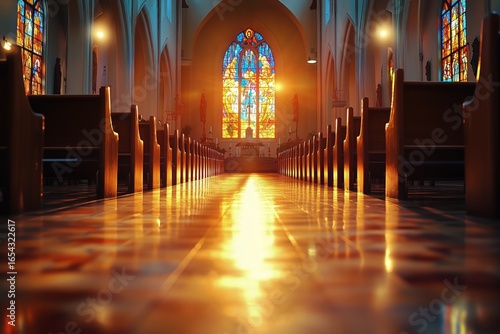 Light Beams Illuminating a Tranquil Church Interior With Beautiful Stained Gl...