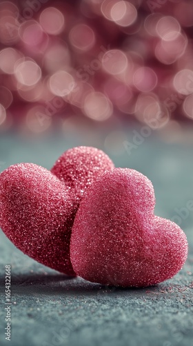 Sparkling Pink Hearts Illuminated by Soft Bokeh Lights Create a Romantic Atmo...