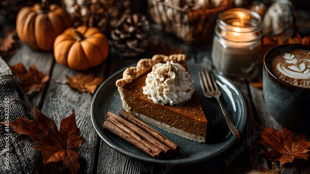 Fototapeta premium Pumpkin pie slice, cinnamon sticks, autumn leaves, and a lit candle on a table