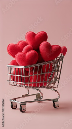 Shopping Cart Filled With Red Hearts on a Pink Background
