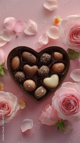 Heart-shaped Chocolate Box Surrounded by Pink Roses for a Romantic Occasion